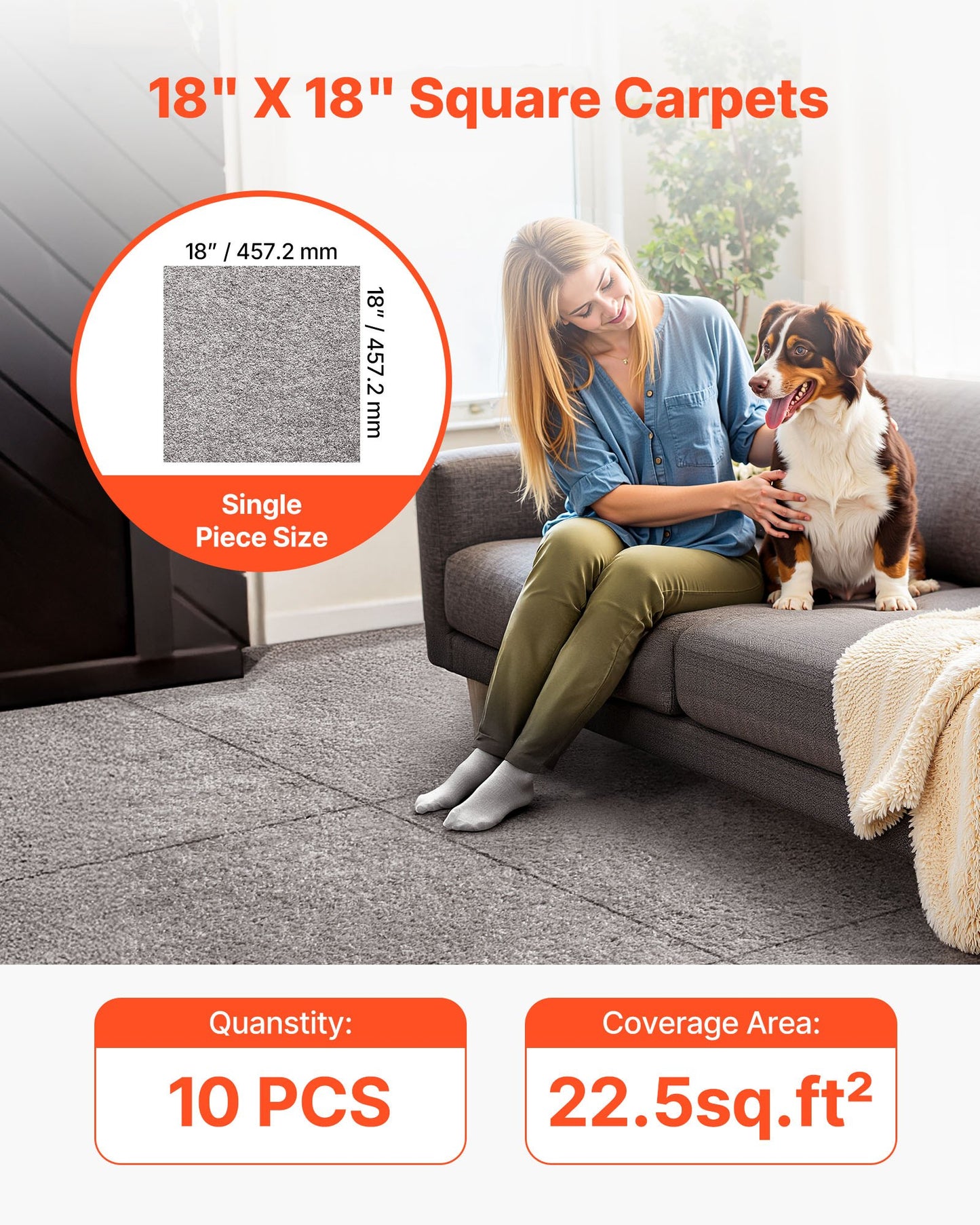 Carpet Tiles 457x457 mm, 10 Pack Carpet Square Rug Detachable & Damage-free, Self Adhesive Home Floor Soft Plush Padded for 2.1㎡ Coverage, Easy DIY for Living Room & Bedroom, Dark Brown