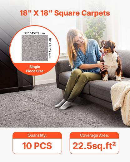 Carpet Tiles 457x457 mm, 10 Pack Carpet Square Rug Detachable & Damage-free, Self Adhesive Home Floor Soft Plush Padded for 2.1㎡ Coverage, Easy DIY for Living Room & Bedroom, Dark Brown