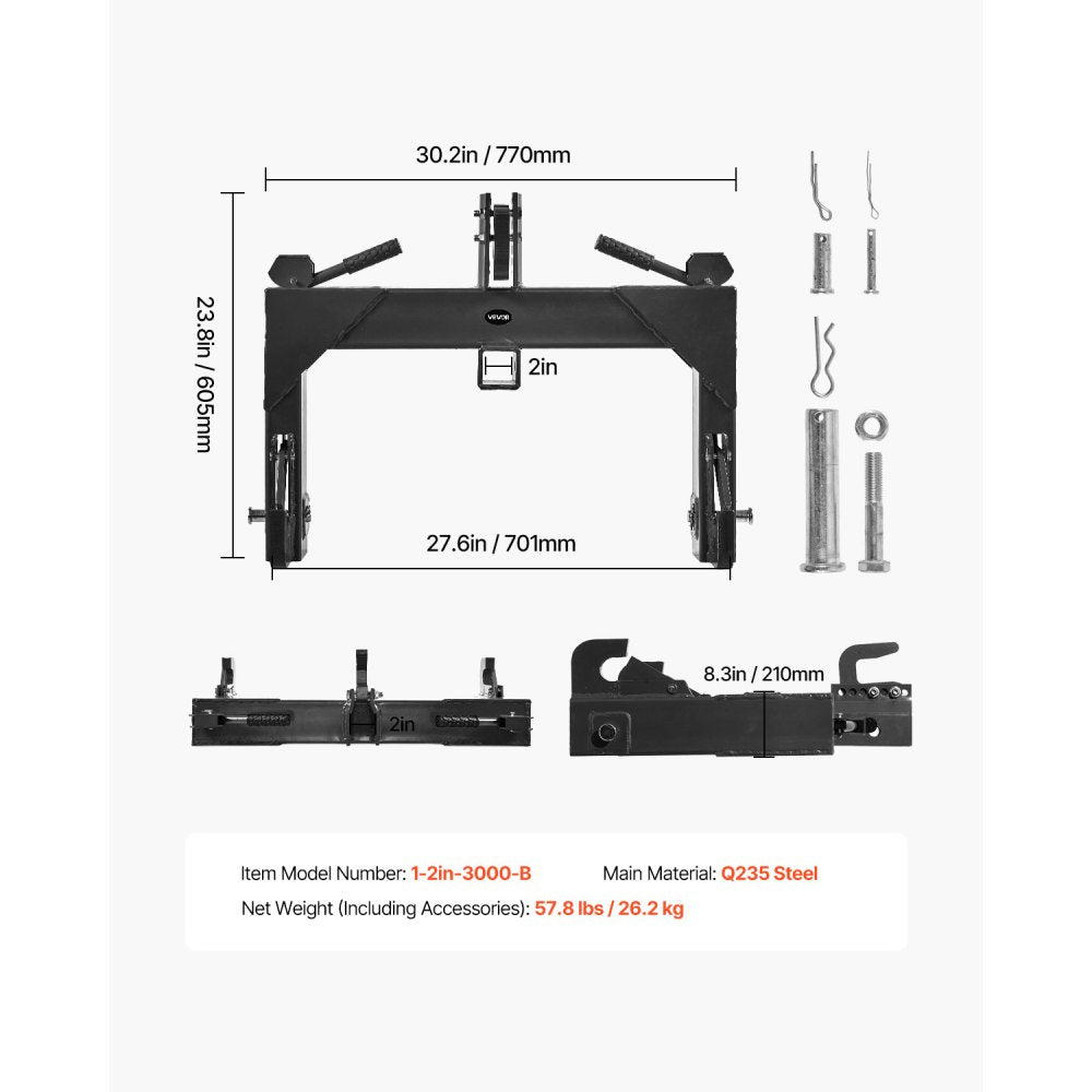 3-Point Quick Hitch 2" Receiver Fit Category 1 & 2 Tractor 3000lb Black