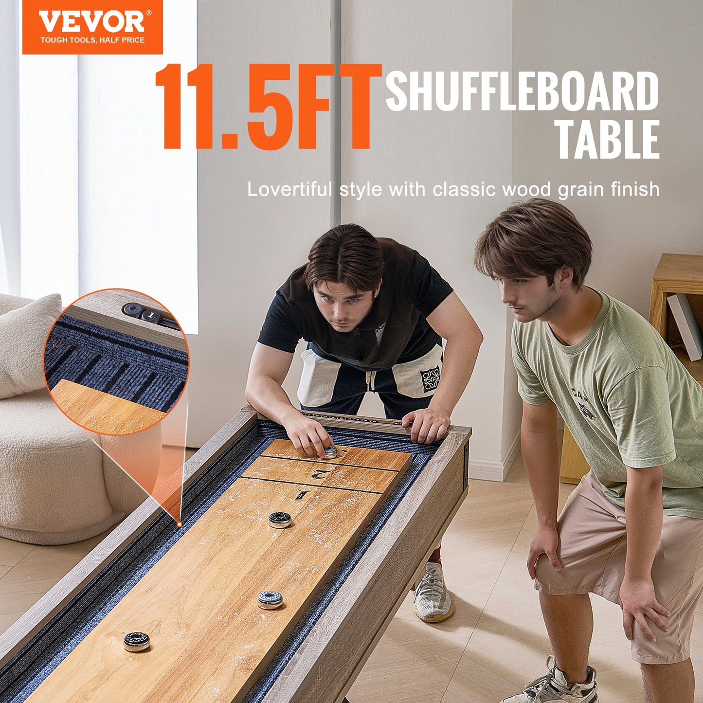 Shuffleboard Table, 348cm Shuffleboard for Family Game Rooms, 2 in 1 Shuffleboard and Bowling Combo Game Set, with Scratch-Resistant Playfield, Legs, 8 Pucks, Bowling Set, Wax, and Table Brush