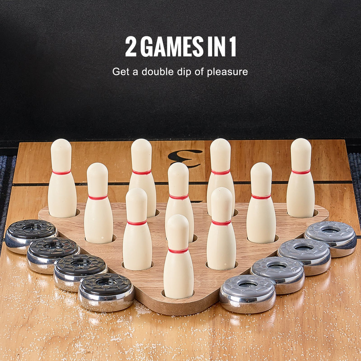 Shuffleboard Table, 348cm Shuffleboard for Family Game Rooms, 2 in 1 Shuffleboard and Bowling Combo Game Set, with Scratch-Resistant Playfield, Legs, 8 Pucks, Bowling Set, Wax, and Table Brush