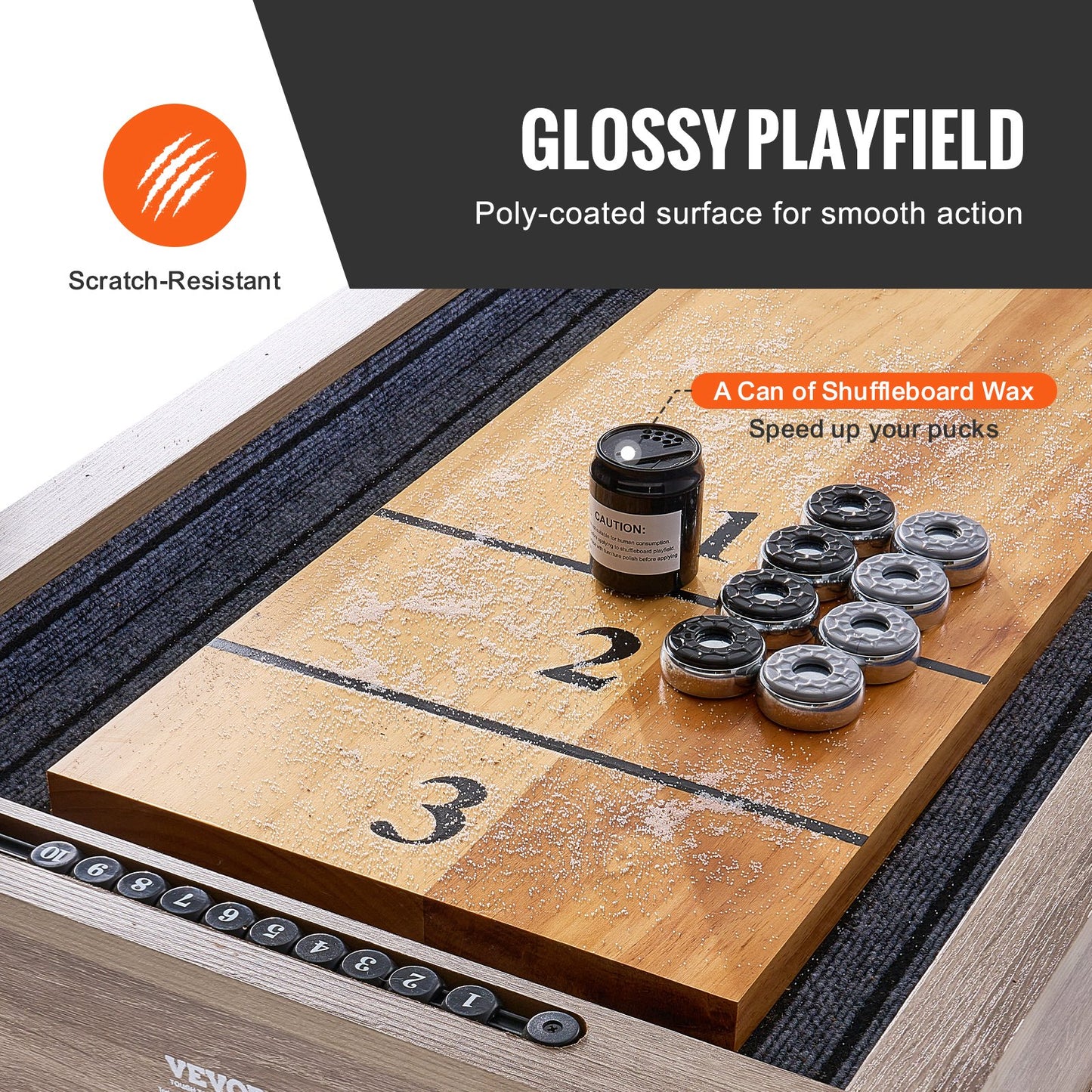 Shuffleboard Table, 348cm Shuffleboard for Family Game Rooms, 2 in 1 Shuffleboard and Bowling Combo Game Set, with Scratch-Resistant Playfield, Legs, 8 Pucks, Bowling Set, Wax, and Table Brush