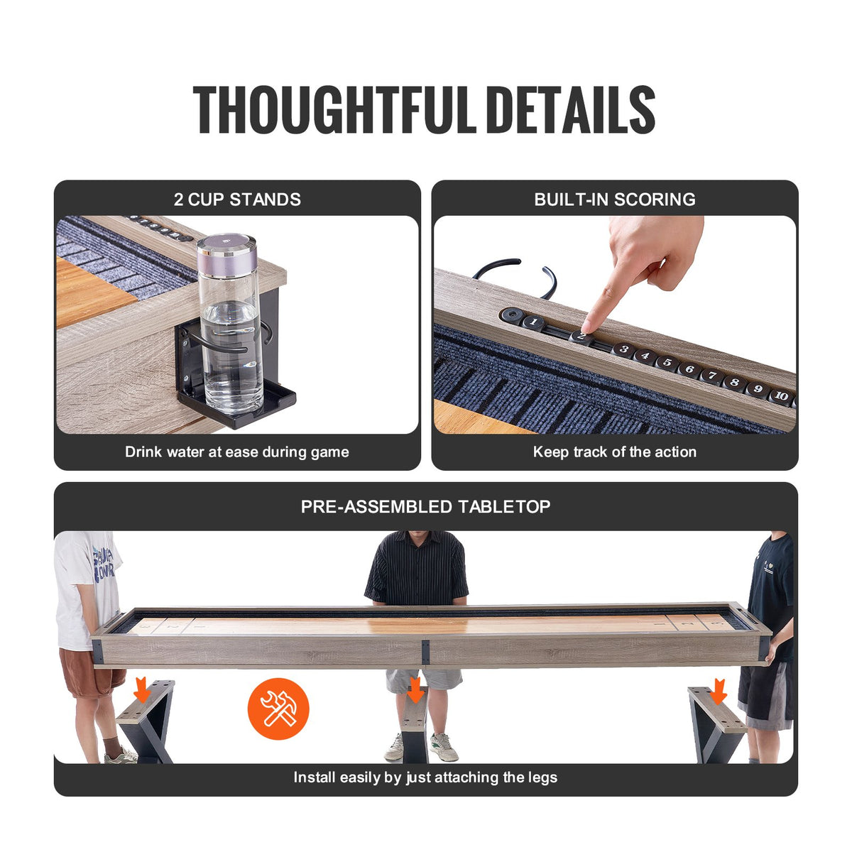 Shuffleboard Table, 348cm Shuffleboard for Family Game Rooms, 2 in 1 Shuffleboard and Bowling Combo Game Set, with Scratch-Resistant Playfield, Legs, 8 Pucks, Bowling Set, Wax, and Table Brush