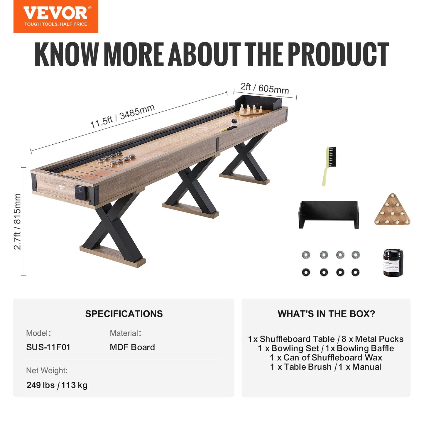 Shuffleboard Table, 348cm Shuffleboard for Family Game Rooms, 2 in 1 Shuffleboard and Bowling Combo Game Set, with Scratch-Resistant Playfield, Legs, 8 Pucks, Bowling Set, Wax, and Table Brush