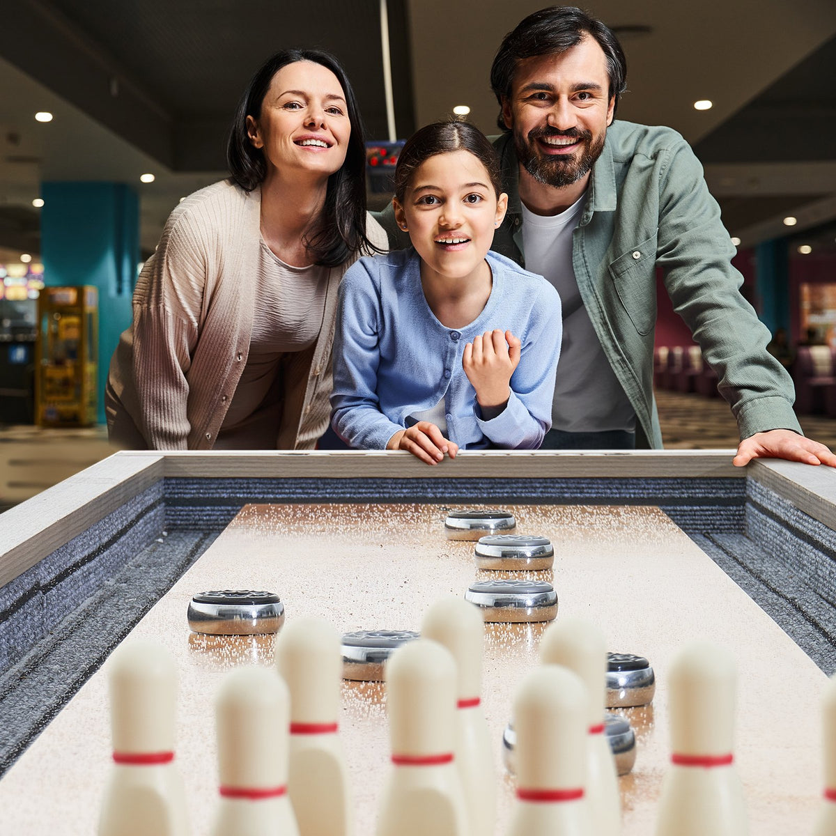 Shuffleboard Table, 348cm Shuffleboard for Family Game Rooms, 2 in 1 Shuffleboard and Bowling Combo Game Set, with Scratch-Resistant Playfield, Legs, 8 Pucks, Bowling Set, Wax, and Table Brush