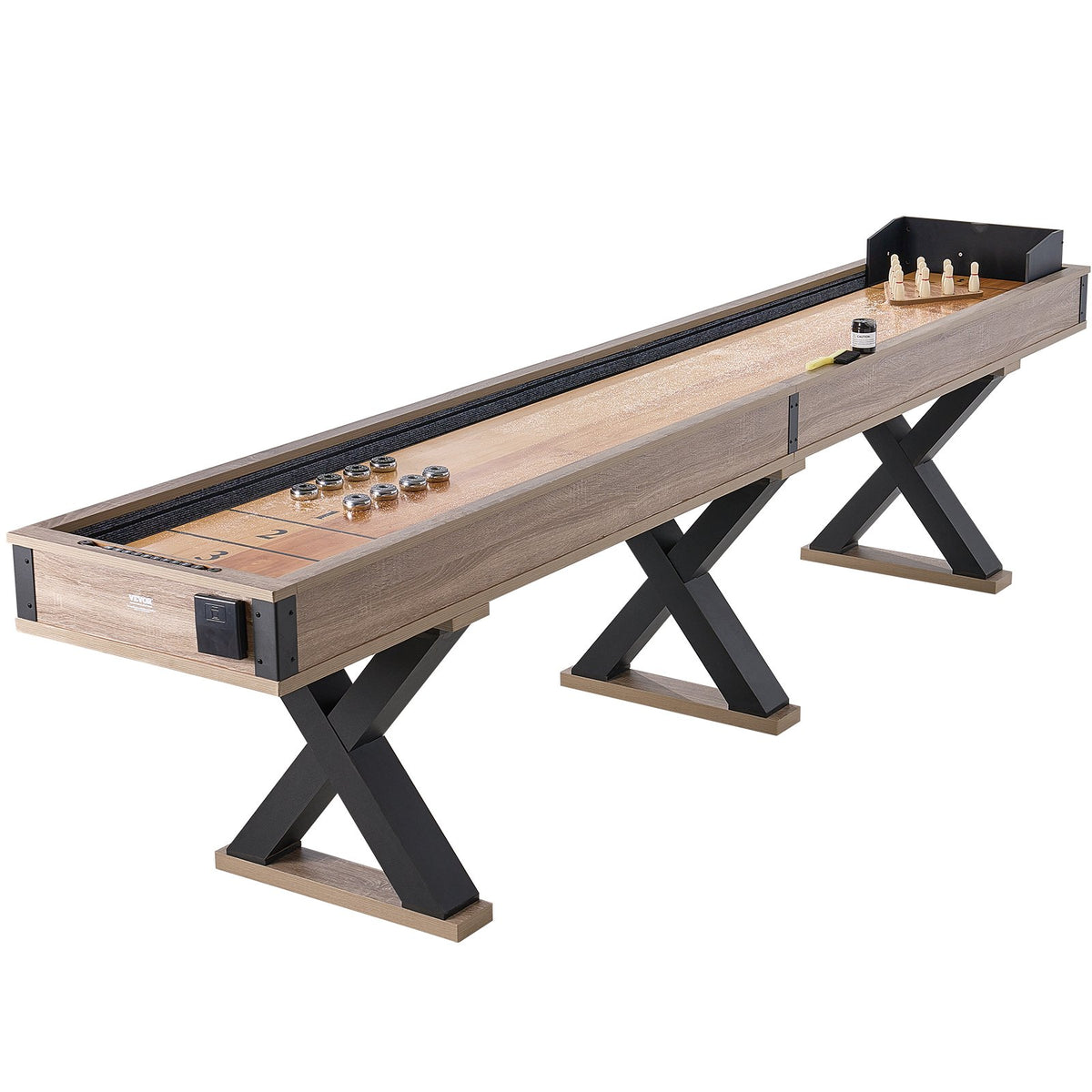 Shuffleboard Table, 348cm Shuffleboard for Family Game Rooms, 2 in 1 Shuffleboard and Bowling Combo Game Set, with Scratch-Resistant Playfield, Legs, 8 Pucks, Bowling Set, Wax, and Table Brush