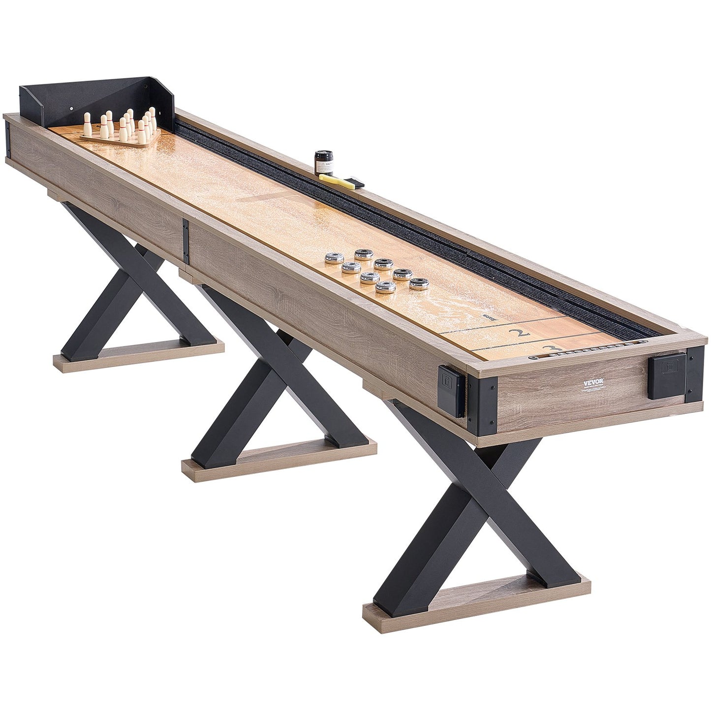 Shuffleboard Table, 348cm Shuffleboard for Family Game Rooms, 2 in 1 Shuffleboard and Bowling Combo Game Set, with Scratch-Resistant Playfield, Legs, 8 Pucks, Bowling Set, Wax, and Table Brush