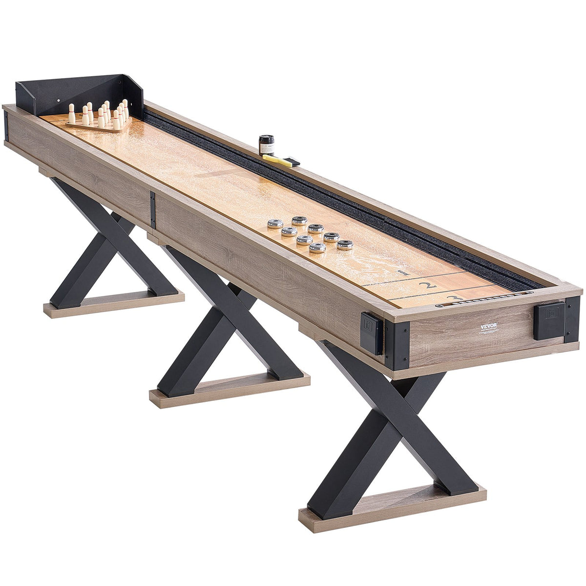 Shuffleboard Table, 348cm Shuffleboard for Family Game Rooms, 2 in 1 Shuffleboard and Bowling Combo Game Set, with Scratch-Resistant Playfield, Legs, 8 Pucks, Bowling Set, Wax, and Table Brush