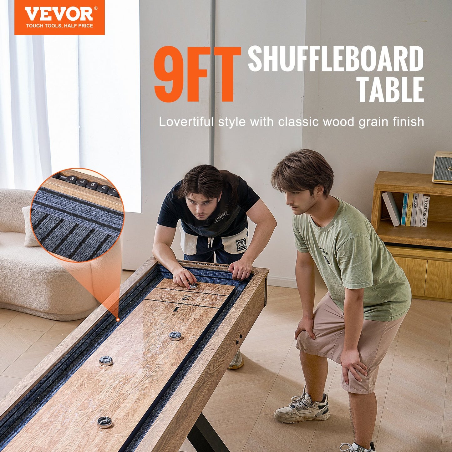 Shuffleboard Table, 276cm Shuffleboard for Family Game Rooms, 2 in 1 Shuffleboard and Bowling Combo Game Set, with Scratch-Resistant Playfield, Legs, 8 Pucks, Bowling Set, Wax, and Table Brush