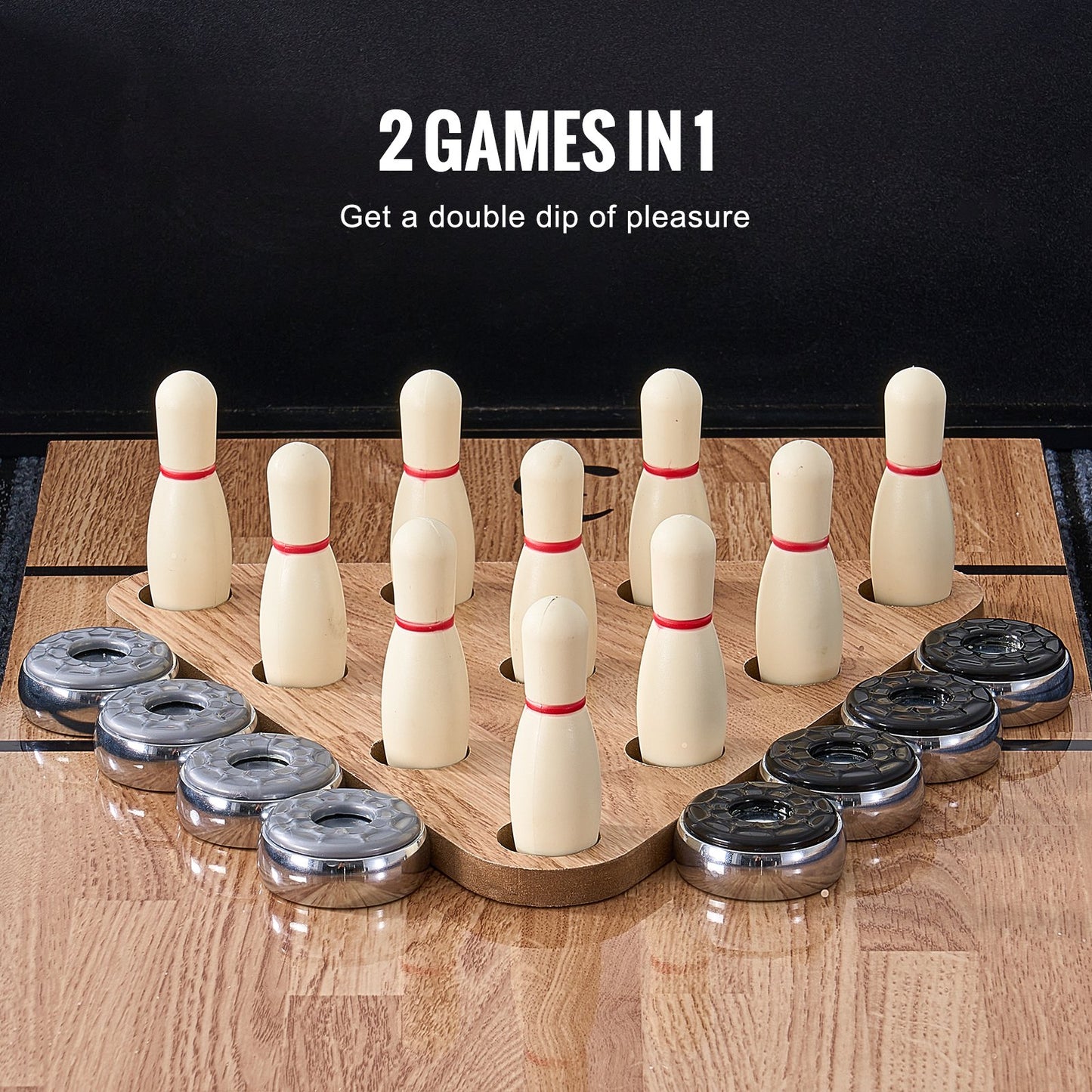 Shuffleboard Table, 276cm Shuffleboard for Family Game Rooms, 2 in 1 Shuffleboard and Bowling Combo Game Set, with Scratch-Resistant Playfield, Legs, 8 Pucks, Bowling Set, Wax, and Table Brush