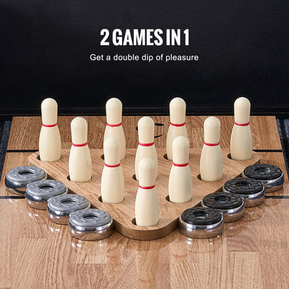Shuffleboard Table, 276cm Shuffleboard for Family Game Rooms, 2 in 1 Shuffleboard and Bowling Combo Game Set, with Scratch-Resistant Playfield, Legs, 8 Pucks, Bowling Set, Wax, and Table Brush
