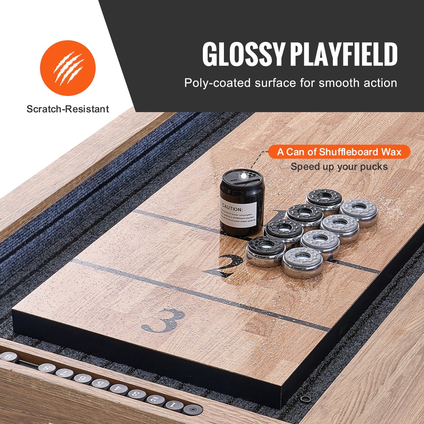 Shuffleboard Table, 276cm Shuffleboard for Family Game Rooms, 2 in 1 Shuffleboard and Bowling Combo Game Set, with Scratch-Resistant Playfield, Legs, 8 Pucks, Bowling Set, Wax, and Table Brush
