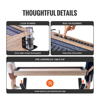 Shuffleboard Table, 276cm Shuffleboard for Family Game Rooms, 2 in 1 Shuffleboard and Bowling Combo Game Set, with Scratch-Resistant Playfield, Legs, 8 Pucks, Bowling Set, Wax, and Table Brush