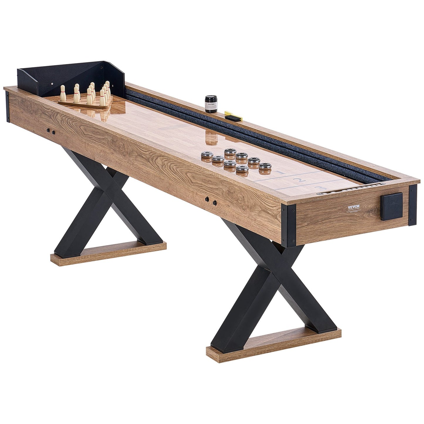 Shuffleboard Table, 276cm Shuffleboard for Family Game Rooms, 2 in 1 Shuffleboard and Bowling Combo Game Set, with Scratch-Resistant Playfield, Legs, 8 Pucks, Bowling Set, Wax, and Table Brush