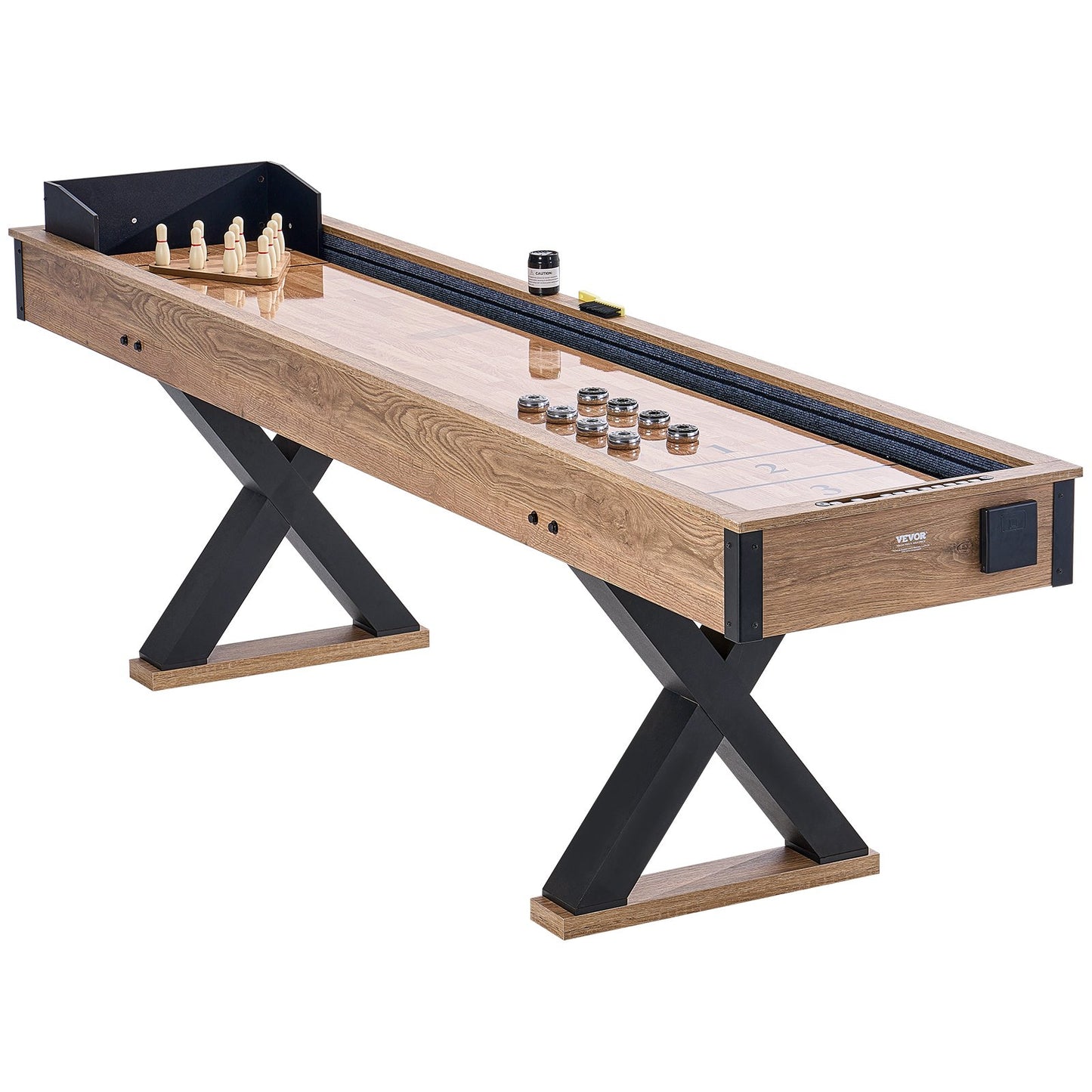 Shuffleboard Table, 276cm Shuffleboard for Family Game Rooms, 2 in 1 Shuffleboard and Bowling Combo Game Set, with Scratch-Resistant Playfield, Legs, 8 Pucks, Bowling Set, Wax, and Table Brush