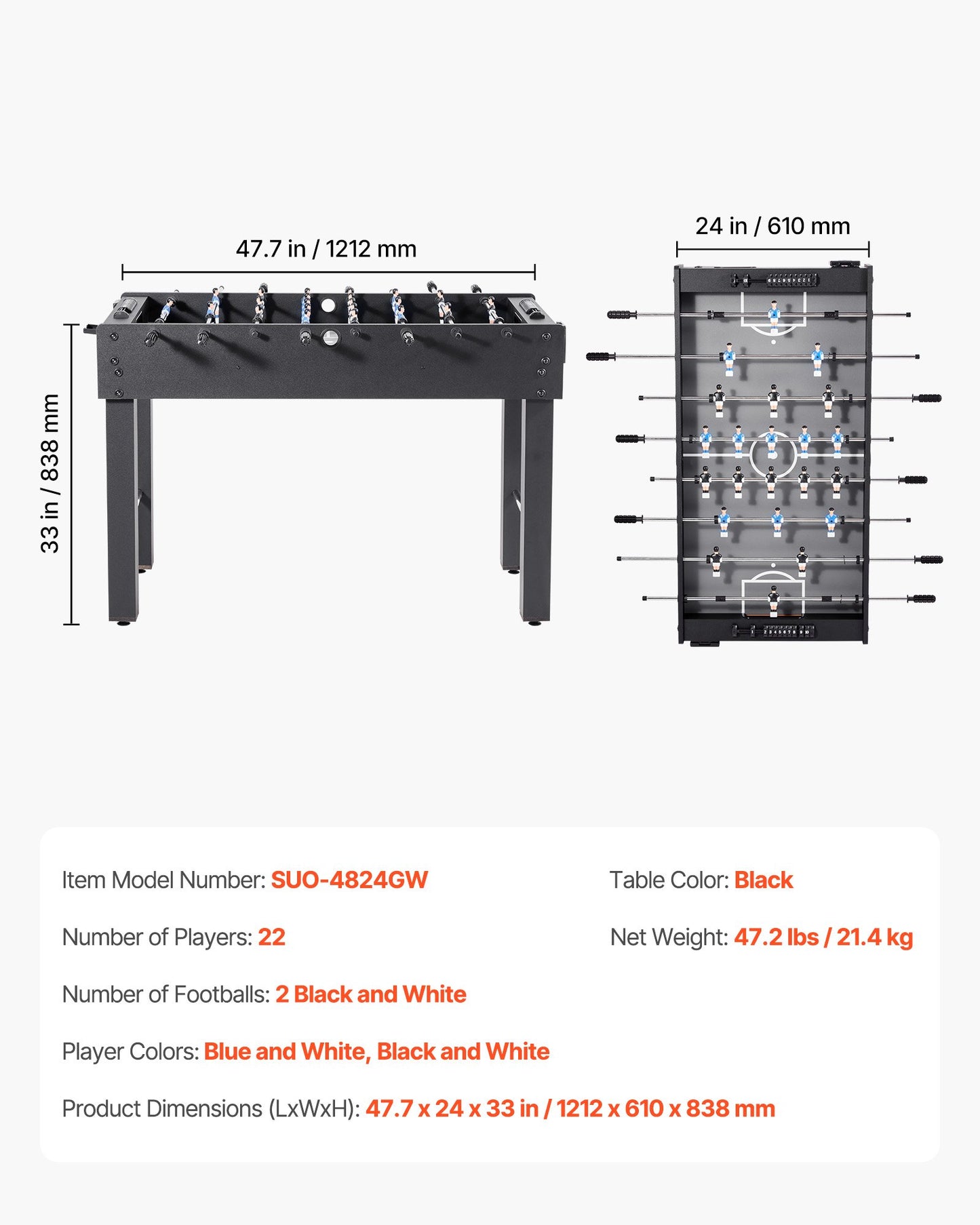 Foosball Table, 121 cm Standard Size Table, Indoor Full Size Foosball Tables for Home, Family, and Game Room, Durable Soccer Set, Includes 2 Balls, Score Keeper, and 2 Cup Holders