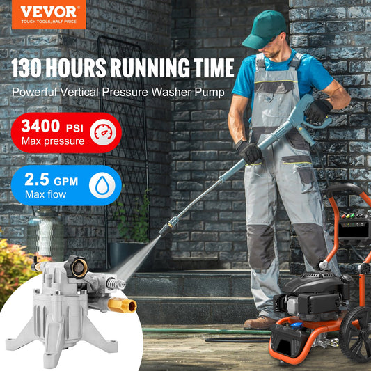 Vertical pressure washer replacement pump delivers 3400 PSI and 2.5 GPM for powerful surface cleaning