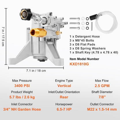 High-Performance 2.6 kg Vertical Pressure Washer Pump, 3400 PSI, 2.5 GPM