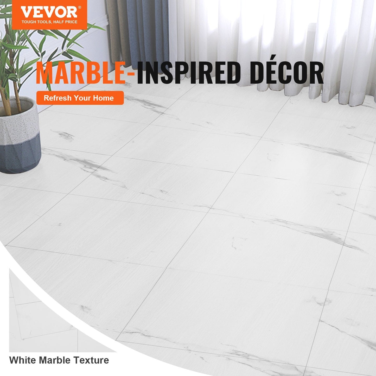 White Marble Self-Adhesive Vinyl Floor Tiles, 9.9m x 0.6m, 1.5mm Thick