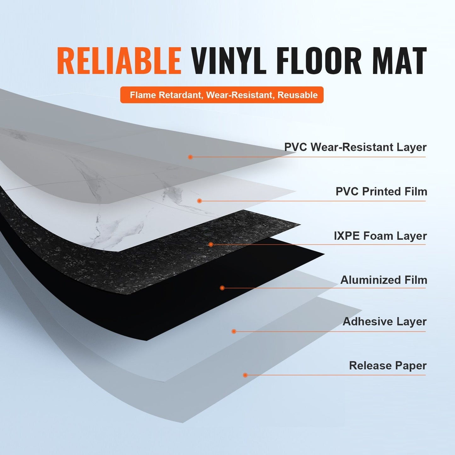 White Marble Self-Adhesive Vinyl Floor Tiles, 9.9m x 0.6m, 1.5mm Thick