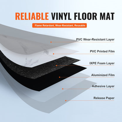 White Marble Self-Adhesive Vinyl Floor Tiles, 9.9m x 0.6m, 1.5mm Thick