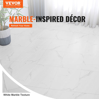 Self-Adhesive Vinyl Floor Tiles, White Marble, 50 Tiles, 0.3m x 0.3m, 1.5mm Thick