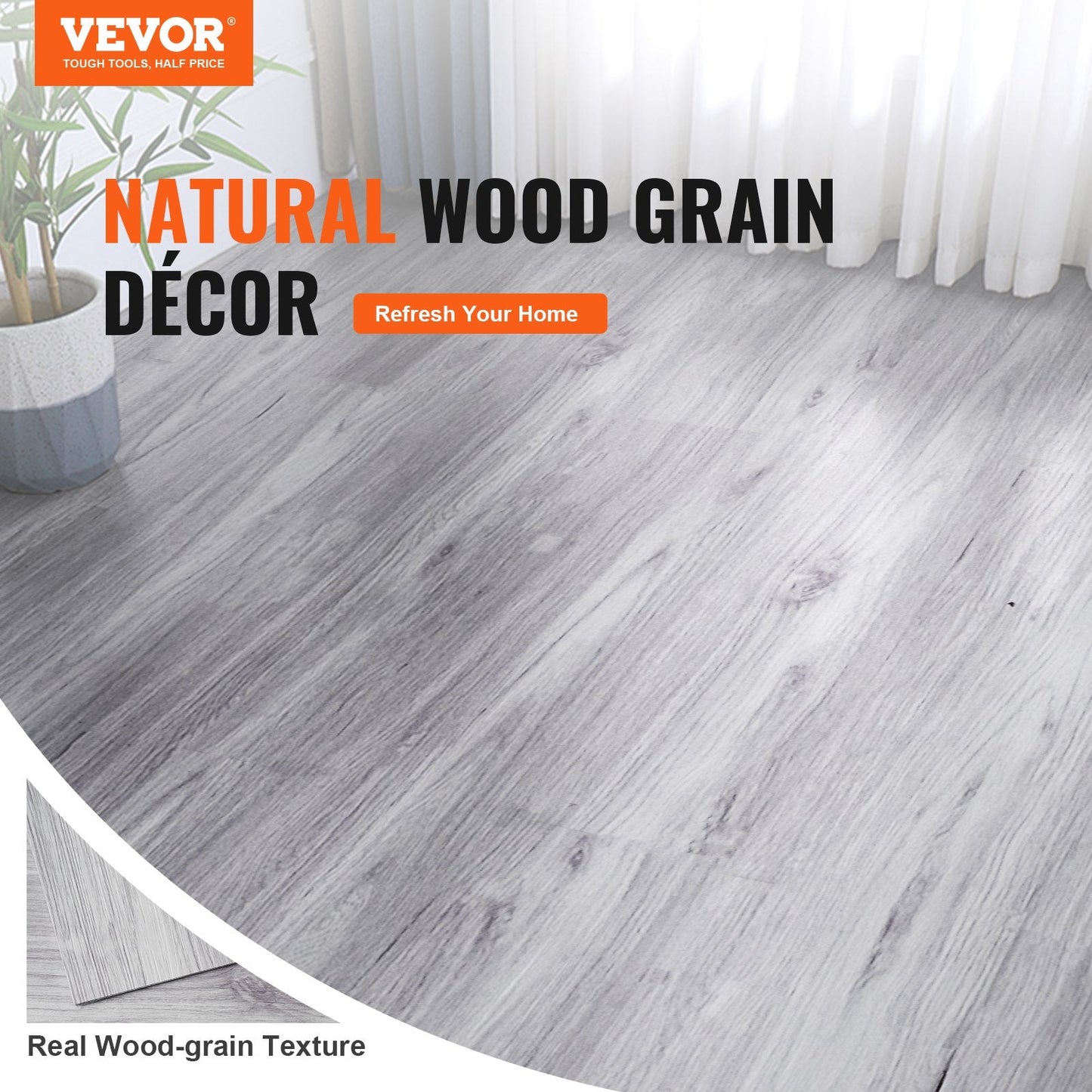 Light Gray Wood Grain Vinyl Floor Tiles, 20-Pack, Self-Adhesive, 914 x 152mm