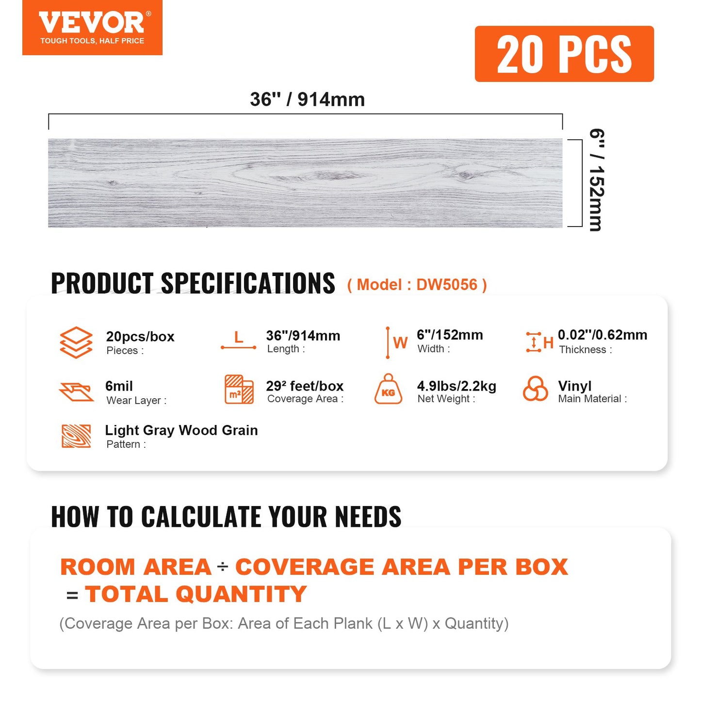 VEVOR Self Adhesive Vinyl Floor Tiles 36 x 6 inch, 20 Tiles 0.62mm Thick Peel &