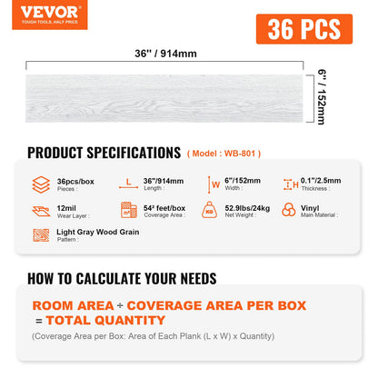 VEVOR Self Adhesive Vinyl Floor Tiles 36 x 6 inch, 36 Tiles 2.5mm Thick Peel & Stick,