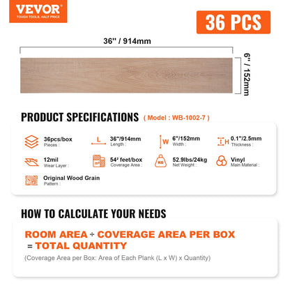 VEVOR Self Adhesive Vinyl Floor Tiles 36 x 6 inch, 36 Tiles 2.5mm Thick Peel & Stick,