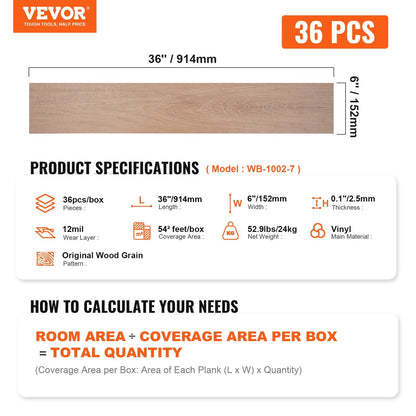 Natural Wood Grain Peel & Stick Vinyl Floor Tiles, 36 Tiles, 54㎡ Coverage