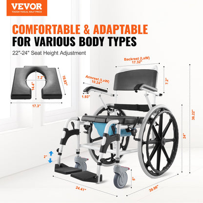VEVOR Shower Wheelchair 17.5in Al Alloy Commode Bathroom Wheelchair for Disabled
