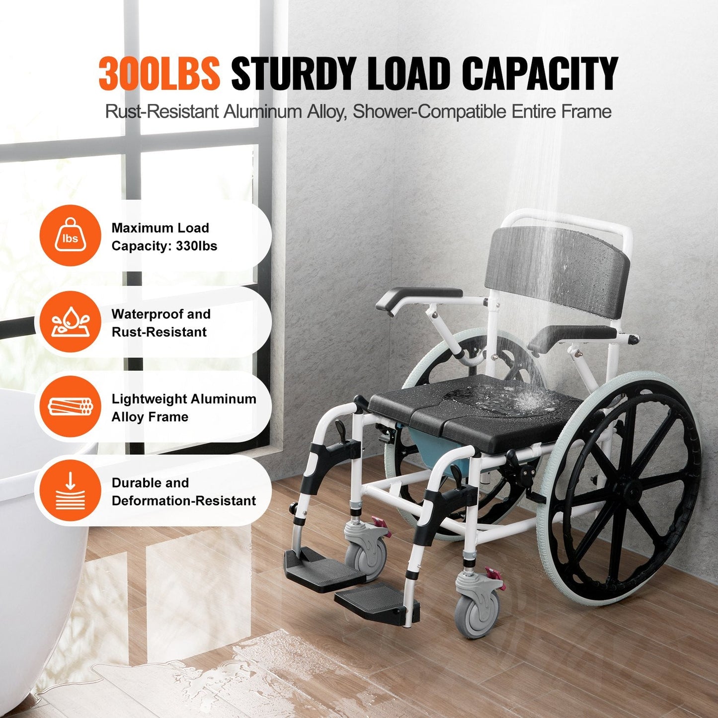 Aluminum Alloy Shower Commode Wheelchair for Disabled, 136 kg Capacity
