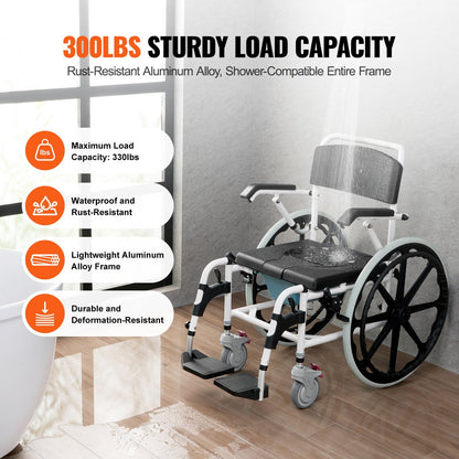 Aluminum Alloy Shower Commode Wheelchair for Disabled, 136 kg Capacity