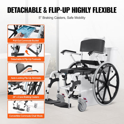 Aluminum Alloy Shower Commode Wheelchair for Disabled, 136 kg Capacity
