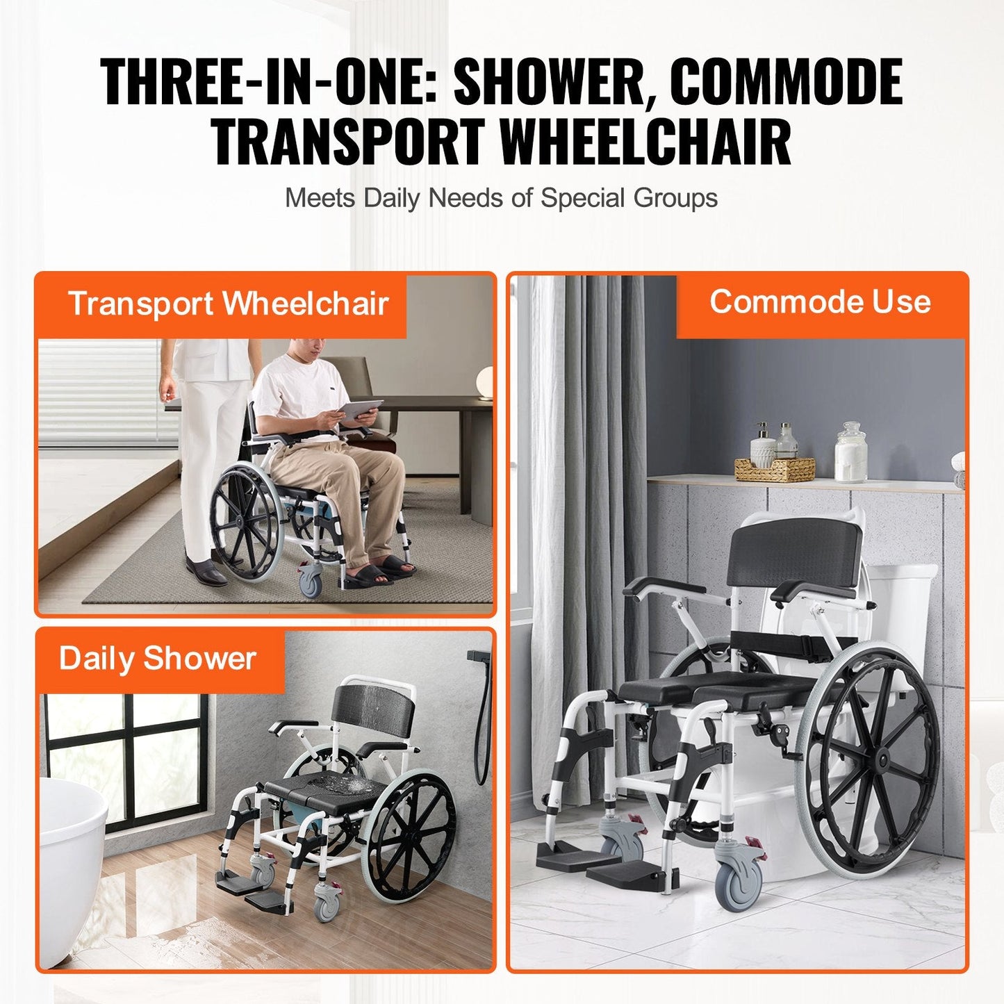 Aluminum Alloy Shower Commode Wheelchair for Disabled, 136 kg Capacity