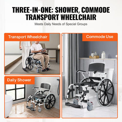 Aluminum Alloy Shower Commode Wheelchair for Disabled, 136 kg Capacity