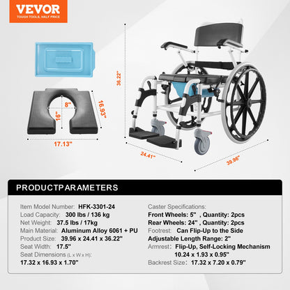 VEVOR Shower Wheelchair 17.5in Al Alloy Commode Bathroom Wheelchair for Disabled