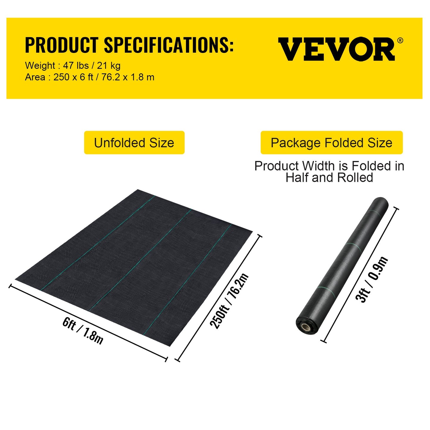 VEVOR Weed Barrier Landscape Fabric Geotextile Underlayment 6 x 250 FT PP Woven