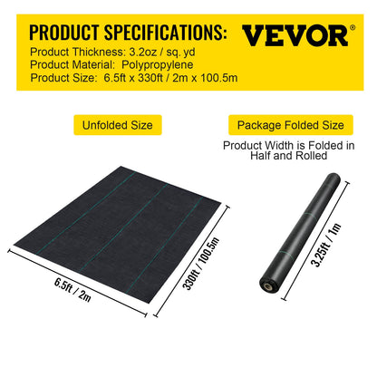 VEVOR 6.5FTx330FT Premium Weed Barrier Fabric Heavy Duty 3.2OZ, Woven Weed Control