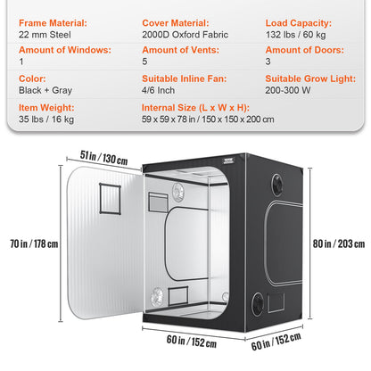VEVOR 5x5 Grow Tent, 152 x 152 x 203 cm, High Reflective 2000D Mylar Hydroponic