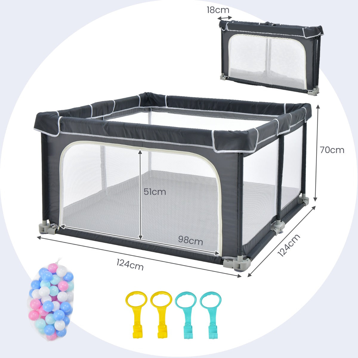 124cm Foldable Baby Playpen Interactive Activity Center with Balls for Kids-Dark Grey
