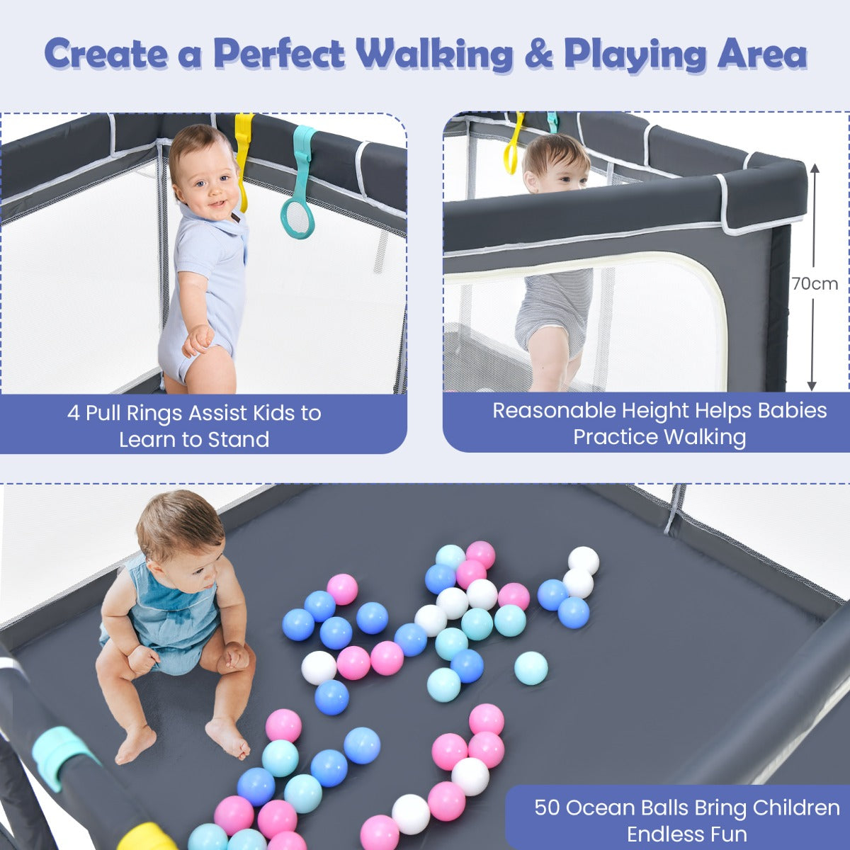 124cm Foldable Baby Playpen Interactive Activity Center with Balls for Kids-Dark Grey