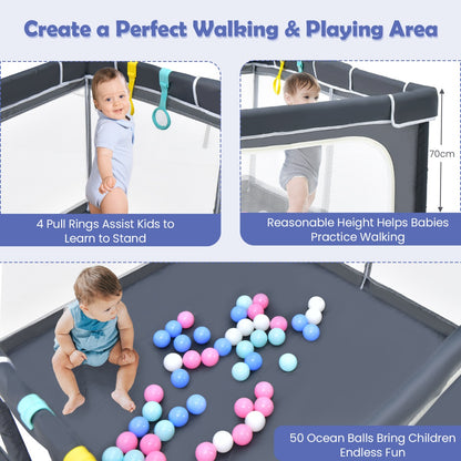 124cm Foldable Baby Playpen Interactive Activity Center with Balls for Kids-Dark Grey