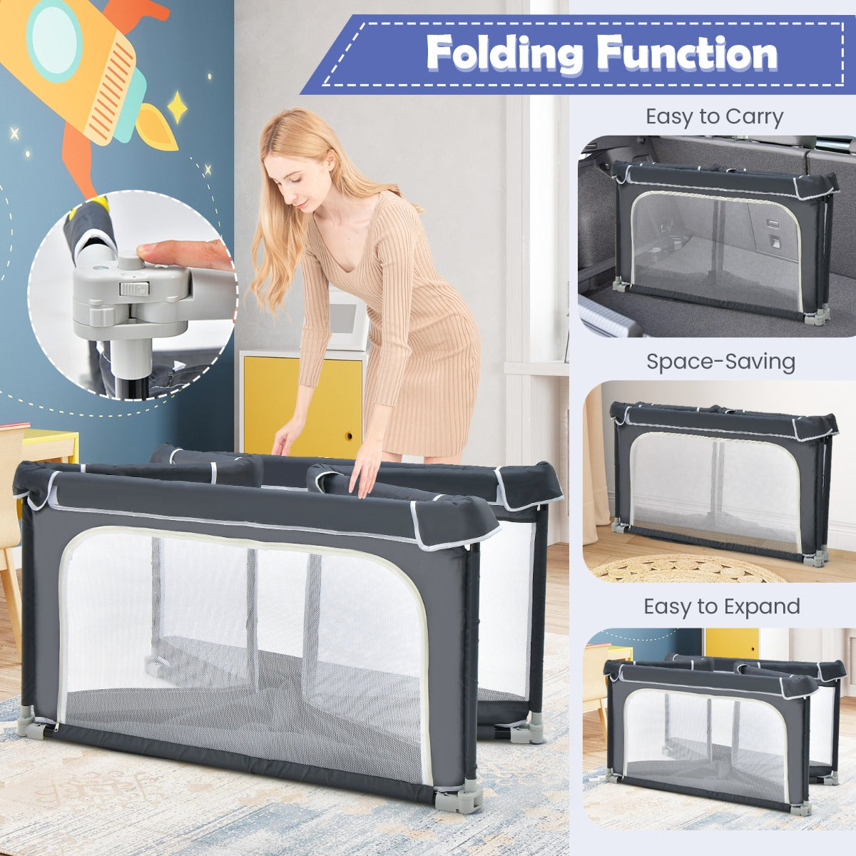 124cm Foldable Baby Playpen Interactive Activity Center with Balls for Kids-Dark Grey