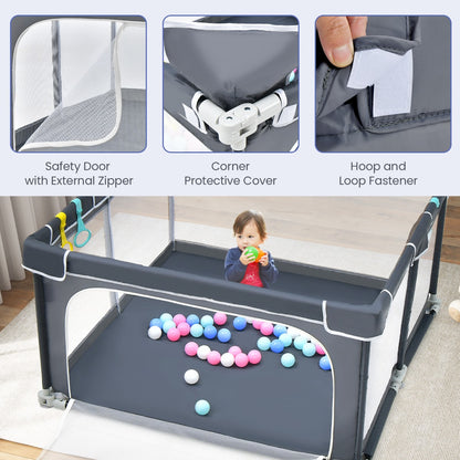 124cm Foldable Baby Playpen Interactive Activity Center with Balls for Kids-Dark Grey