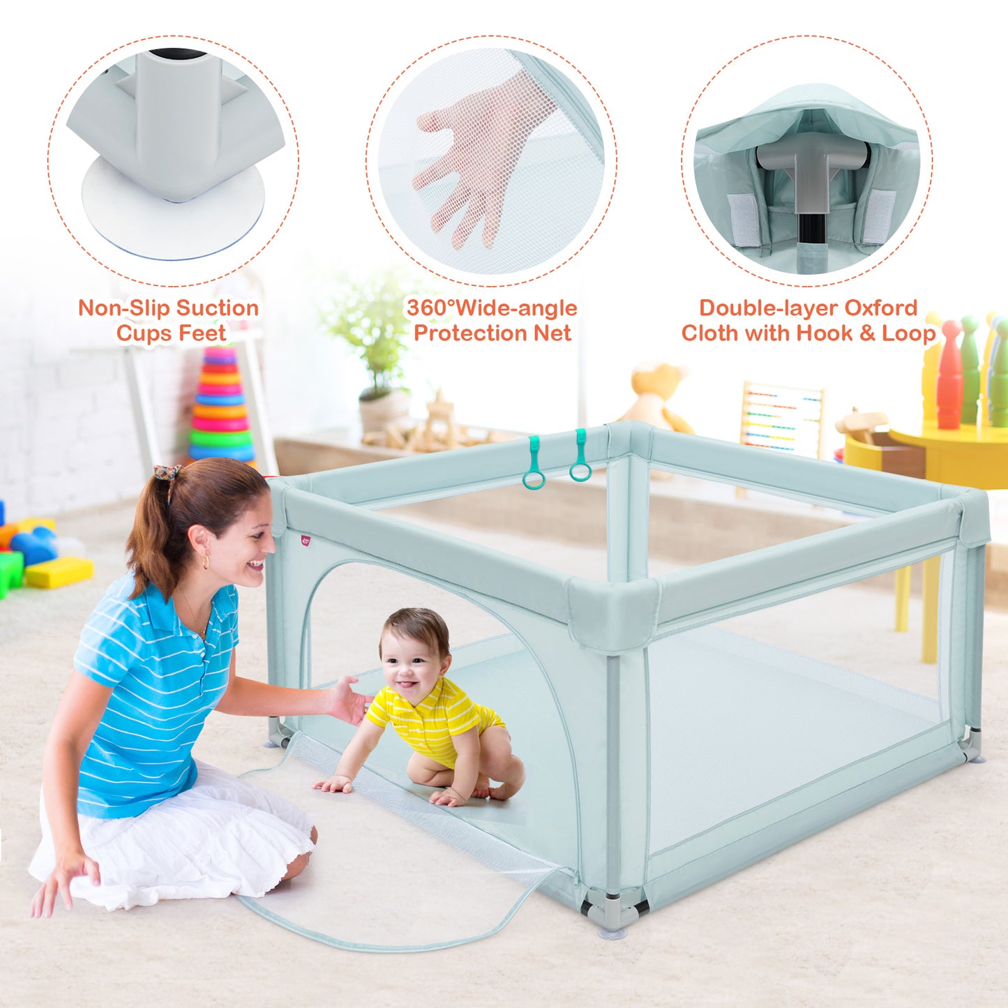 Baby Playpen Safety Activity Fence with 50 Ocean Balls for Toddlers-Blue