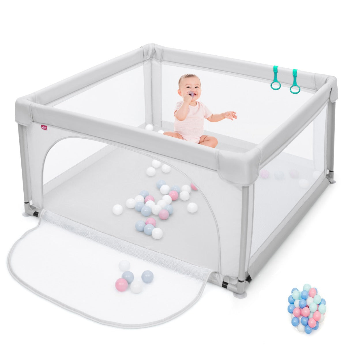 Baby Playpen Safety Activity Fence with 50 Ocean Balls for Toddlers-Grey