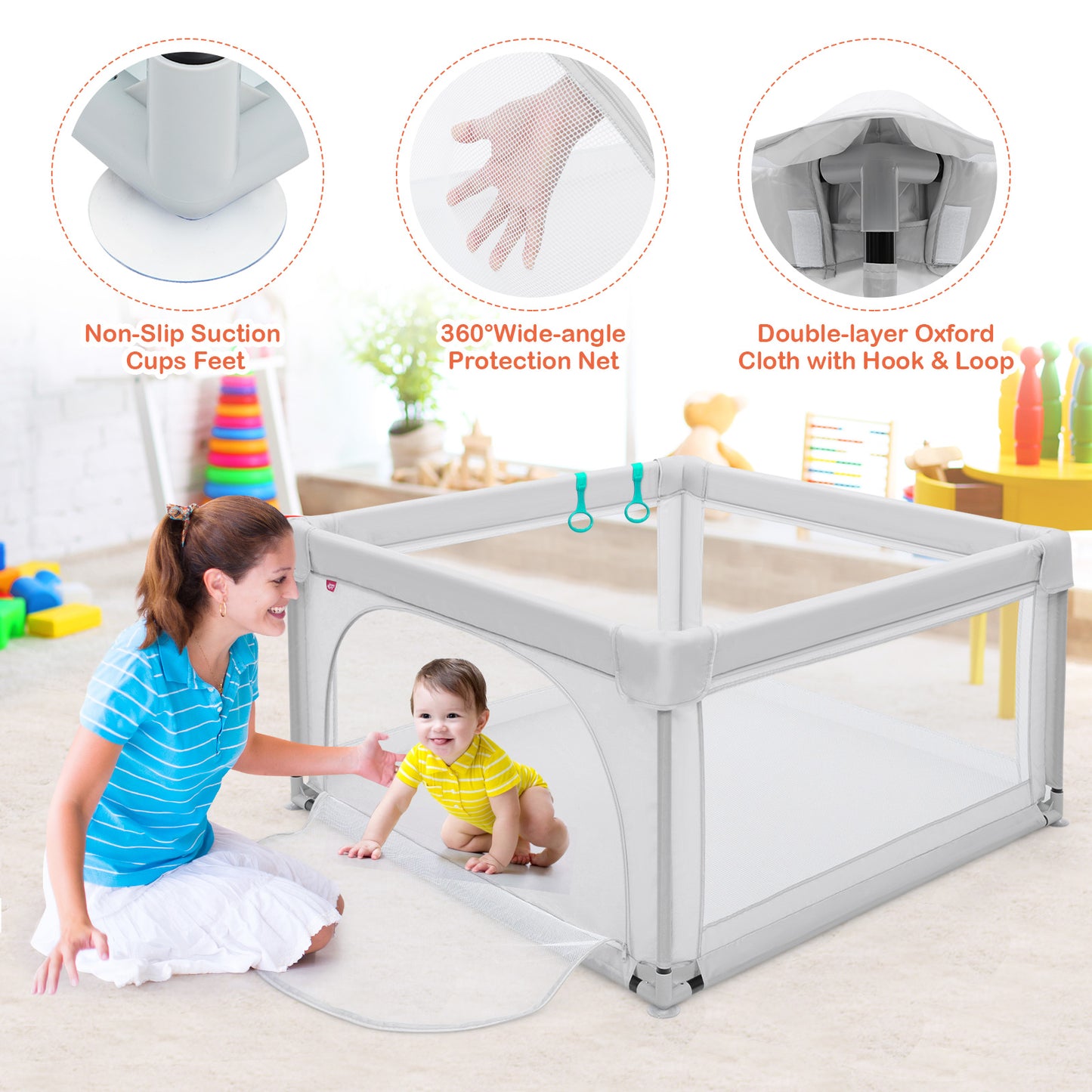 Baby Playpen Safety Activity Fence with 50 Ocean Balls for Toddlers-Grey