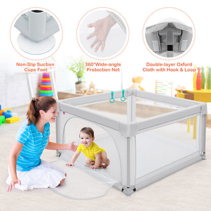 Baby Playpen Safety Activity Fence with 50 Ocean Balls for Toddlers-Grey